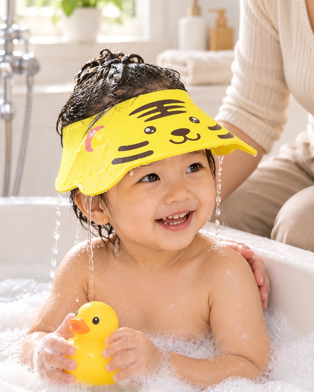 Smiling toddler in a bubble bath wearing the yellow tiger cap, a parent's hand on their back