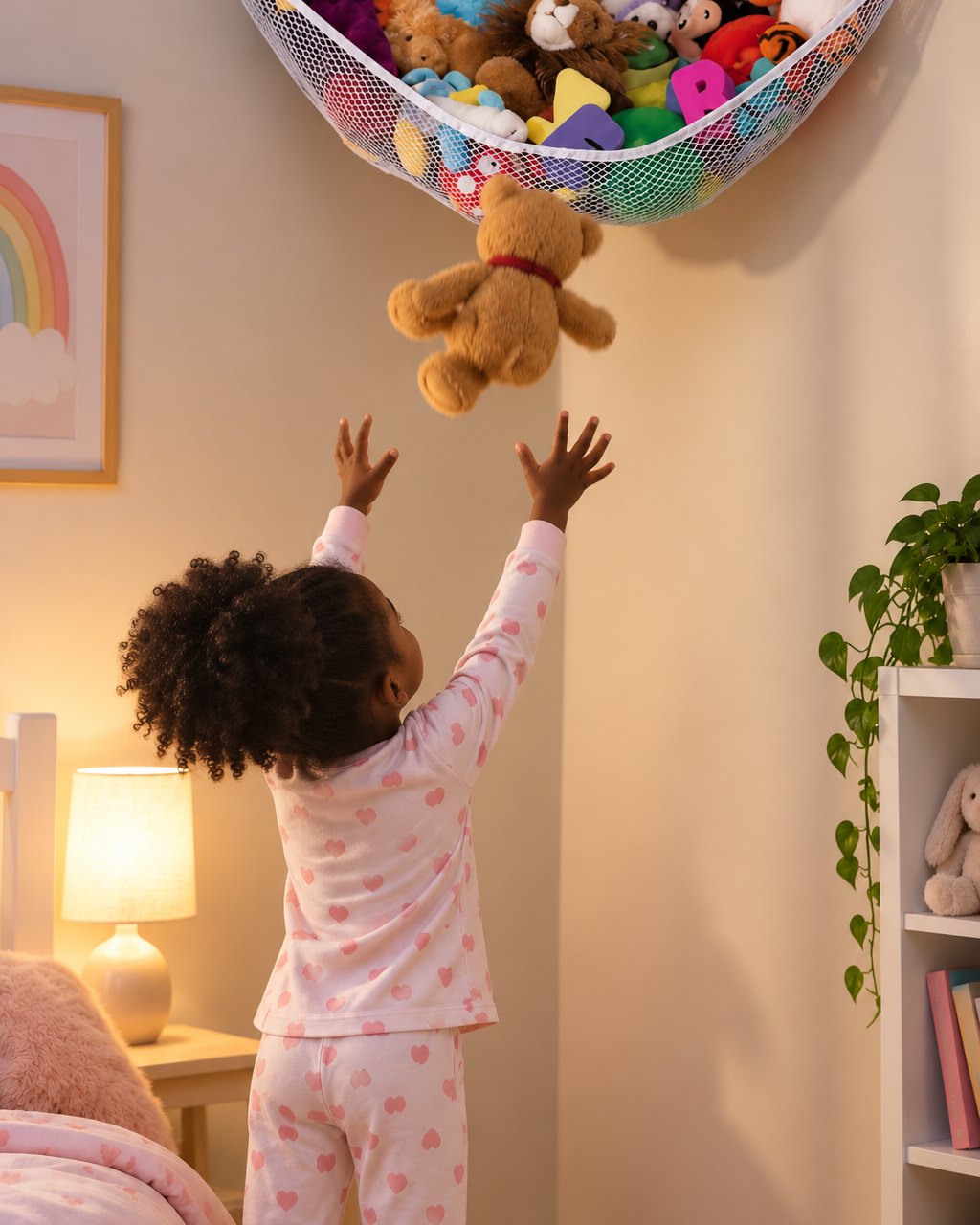 Child tossing a teddy bear up into the corner toy hammock