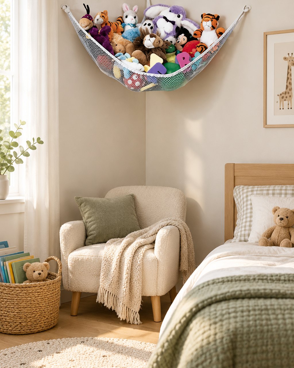 Tidy kids' bedroom with plush toys in a white corner net above a reading chair