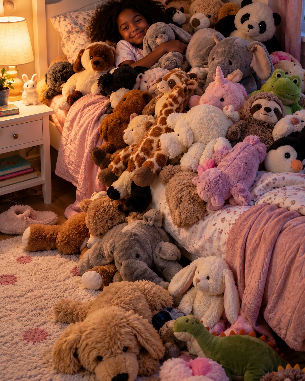 Child's bed buried under a pile of stuffed animals with more on the floor