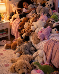 Child's bed buried under a pile of stuffed animals with more on the floor