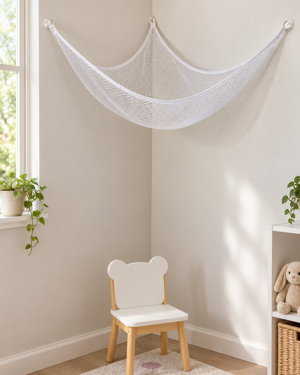 Empty corner hammock spanning a room corner above a small chair, showing its size