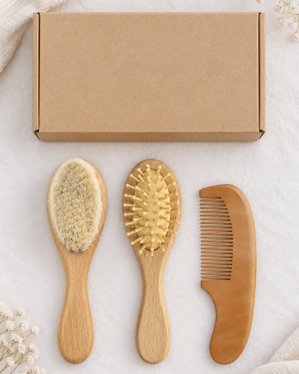 Three wooden grooming pieces laid out next to their gift box