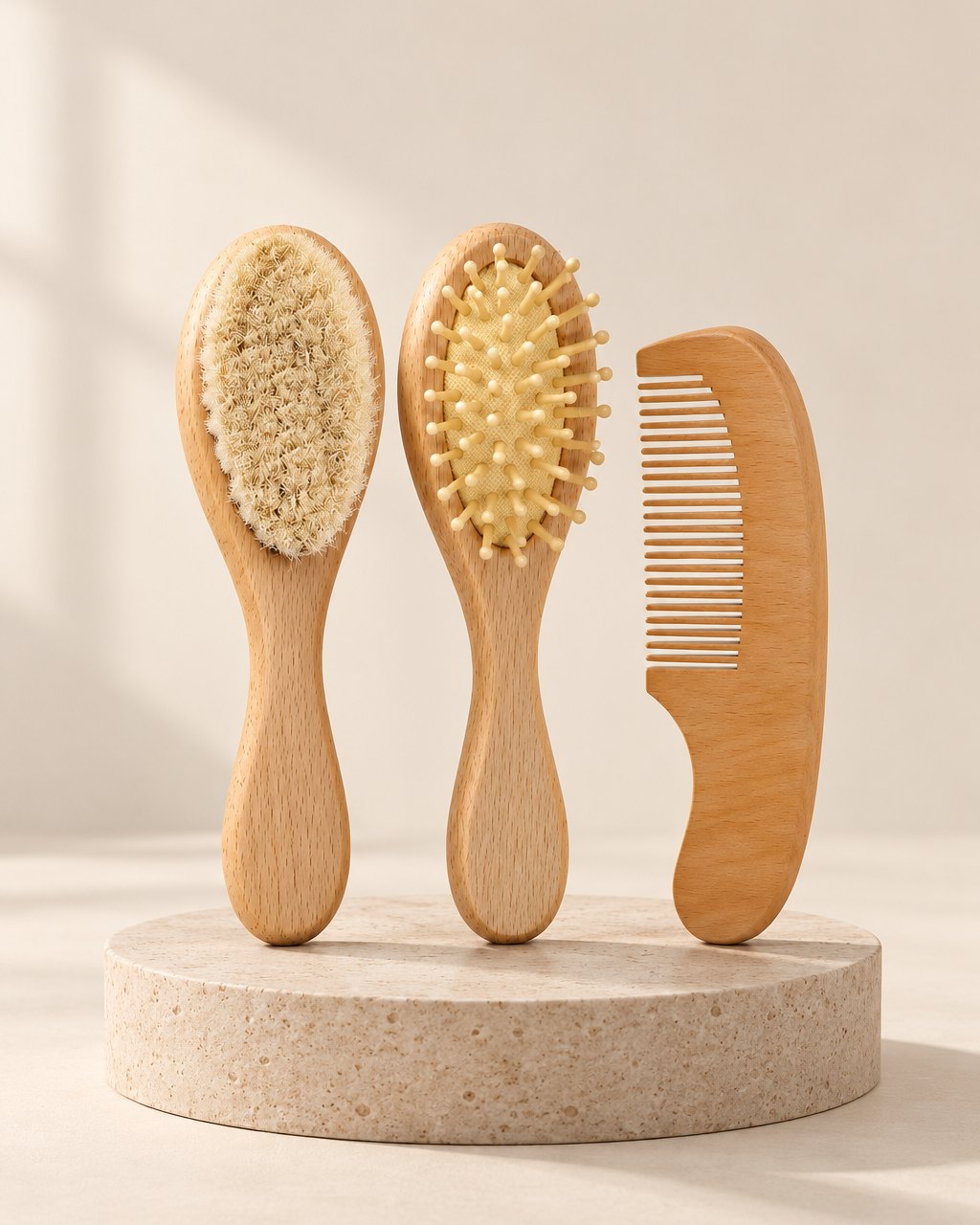 Beech goat-hair baby brush, wooden pin brush and wooden comb standing side by side