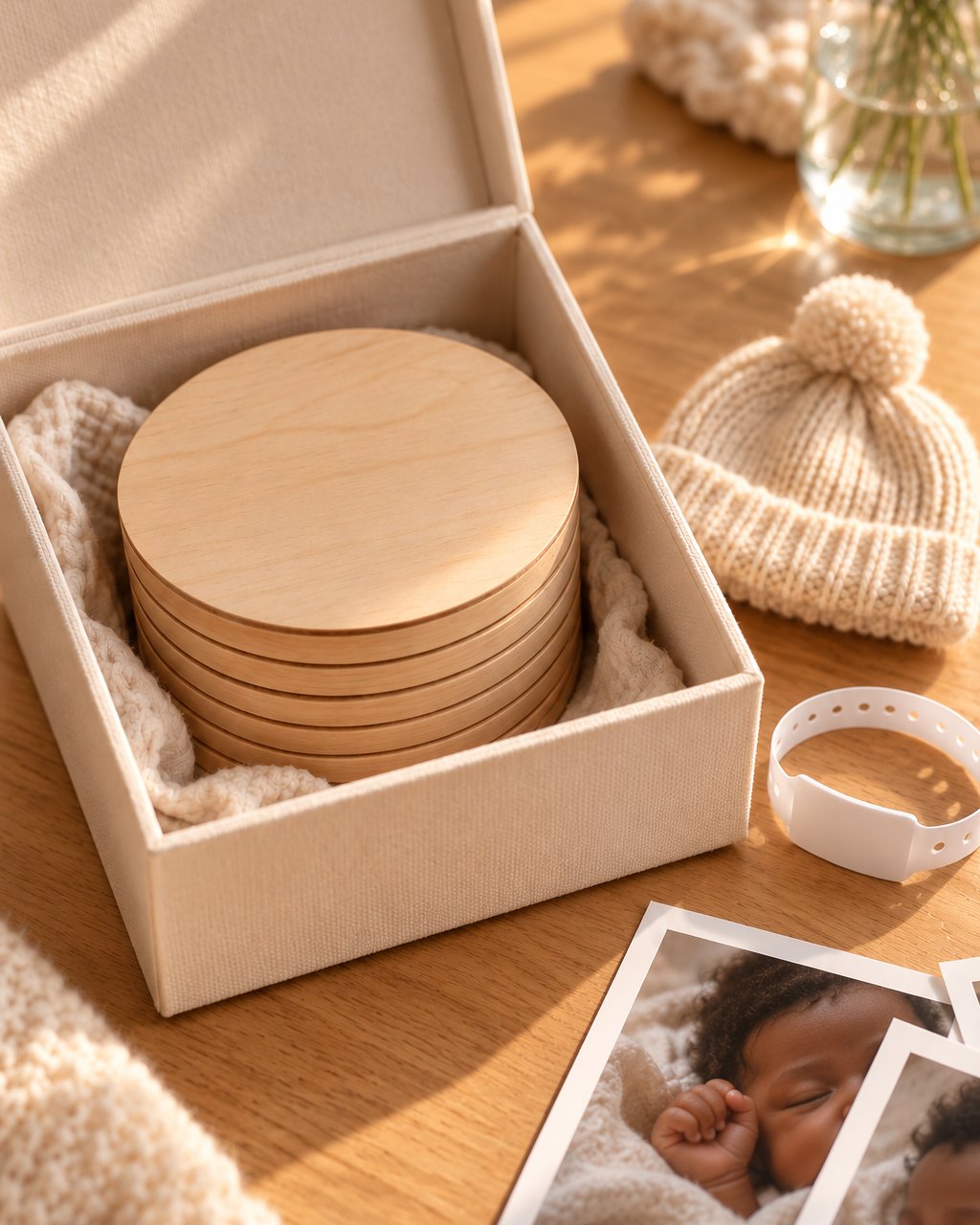 Wooden discs in a memory box with a tiny knitted hat and hospital bracelet