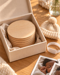 Wooden discs in a memory box with a tiny knitted hat and hospital bracelet