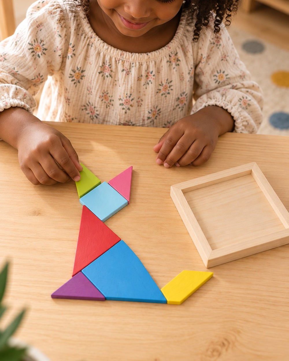 Child building a cat shape from the colourful tangram pieces