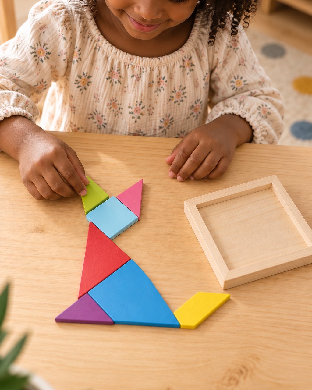 Child building a cat shape from the colourful tangram pieces