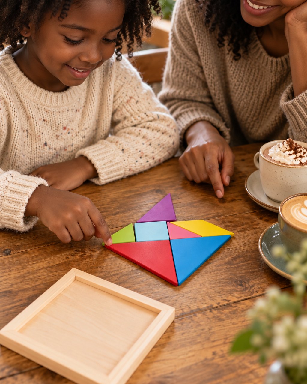 Parent and child at a café table building a boat shape with the tangram