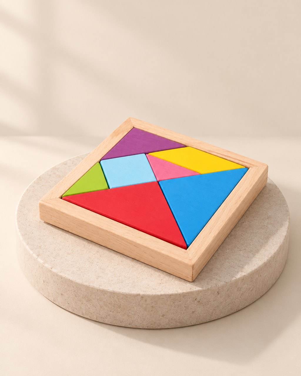 Seven bright wooden tangram pieces fitted together in a square pine tray